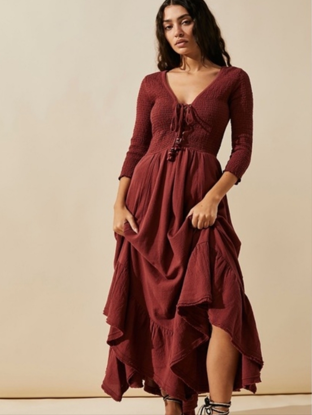 Free People Perfect Solution Plum Flowy Festival Dress Raw Layered Hem Smocked L